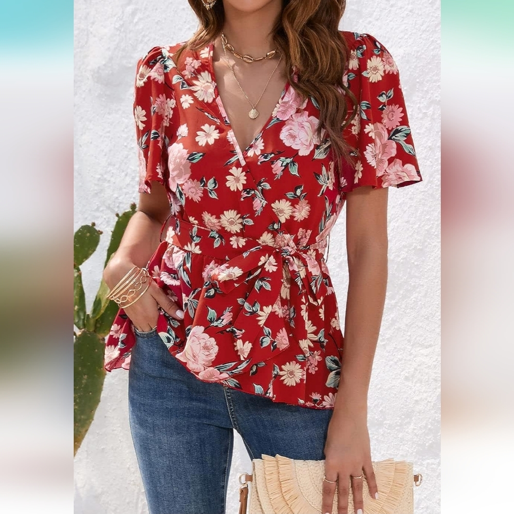 Floral Wrap Tie Waist Blouse - Red